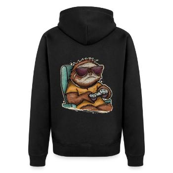 Gaming Gamer Faultier - Unisex Premium Bio Zip Hoodie - Schwarz - Hinten - Nico (187cm)