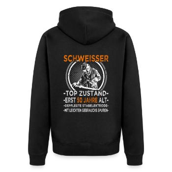 Schweisser - Top Zustand erst 50 Jahre - Schweißer - Unisex Premium Bio Zip Hoodie - Schwarz - Hinten - Nico (187cm)