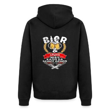 Bier und sägen was kann da schief gehen - Unisex Premium Bio Zip Hoodie - Schwarz - Hinten - Nico (187cm)