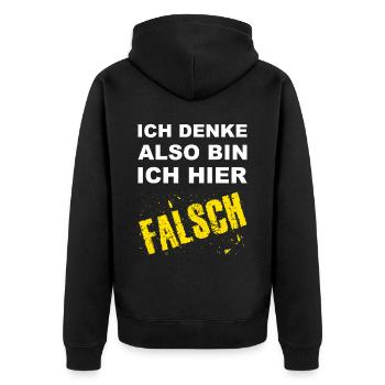 Ich Denke Also Bin Ich Hier Falsch Bürospruch - Unisex Premium Bio Zip Hoodie - Schwarz - Hinten - Nico (187cm)