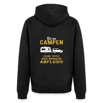 Wohnwagen - Bin am Campen - Lustig - Unisex Premium Bio Zip Hoodie - Schwarz - Hinten - Nico (187cm)