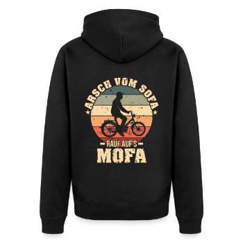 Arsch vom Sofa rauf aufs Mofa - Unisex Premium Bio Zip Hoodie - Schwarz - Hinten - Nico (187cm)