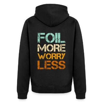 Wingfoil More Worry Less - Wingfoiling Hydrofoil - Unisex Premium Bio Zip Hoodie - Schwarz - Hinten - Nico (187cm)