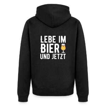 Lebe im BIer und jetzt - Unisex Premium Bio Zip Hoodie - Schwarz - Hinten - Nico (187cm)