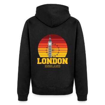 London England Big Ben London Eye - Unisex Premium Bio Zip Hoodie - Schwarz - Hinten - Nico (187cm)