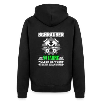 Schrauber erst 50 Jahre - Tuning - KFZ Mechaniker - Unisex Premium Bio Zip Hoodie - Schwarz - Hinten - Nico (187cm)