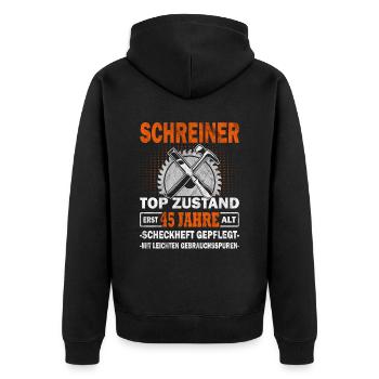 Schreiner erst 45 Jahre - Tischler - Drechsler - Unisex Premium Bio Zip Hoodie - Schwarz - Hinten - Nico (187cm)