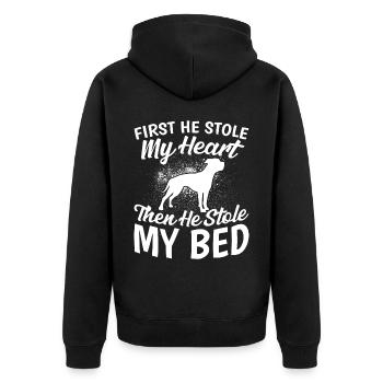 Amerikanische Bulldogge Er Hat Mein Herz - Unisex Premium Bio Zip Hoodie - Schwarz - Hinten - Nico (187cm)
