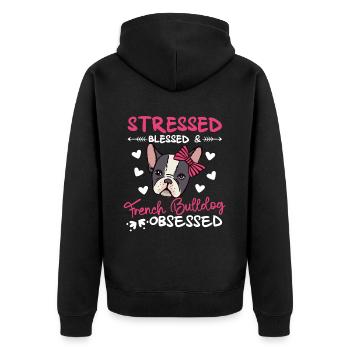 Gesegnete Französische Bulldogge Besessen - Unisex Premium Bio Zip Hoodie - Schwarz - Hinten - Nico (187cm)