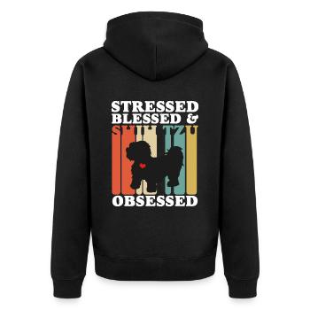 Gesegneter Shih Tzu Besessener Lustiger - Unisex Premium Bio Zip Hoodie - Schwarz - Hinten - Nico (187cm)