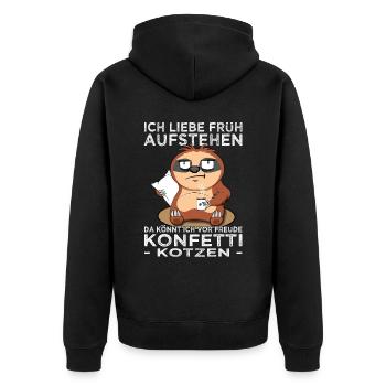 Morgenmuffel Faultier - Langschläfer - Kollegen - Unisex Premium Bio Zip Hoodie - Schwarz - Hinten - Nico (187cm)