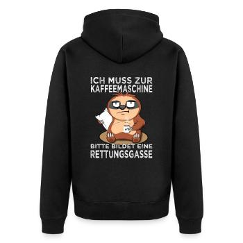 Muss zur Kaffeemaschine Faultier - Morgenmuffel - Unisex Premium Bio Zip Hoodie - Schwarz - Hinten - Nico (187cm)