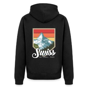 Nationalpark Swiss Souvenir Schweiz Wanderberge - Unisex Premium Bio Zip Hoodie - Schwarz - Hinten - Nico (187cm)