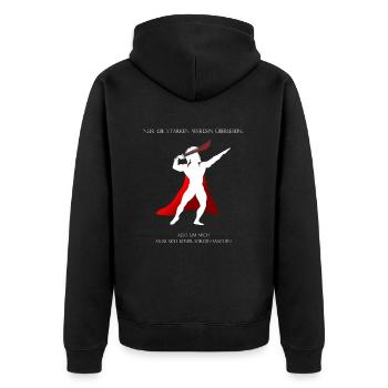 Die Starken werden überleben - Unisex Premium Bio Zip Hoodie - Schwarz - Hinten - Nico (187cm)