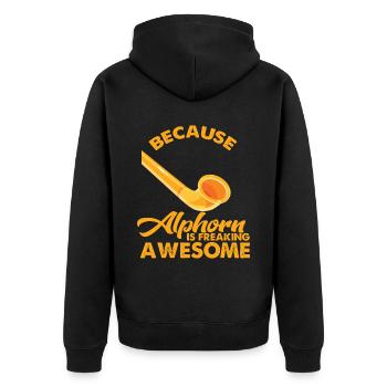 Cooles Alphorn Musikinstrument in Schweiz Alpen So - Unisex Premium Bio Zip Hoodie - Schwarz - Hinten - Nico (187cm)