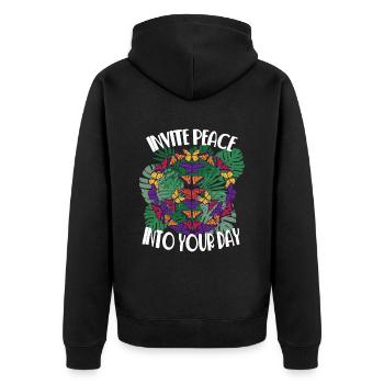 Sei freundlich Frieden Hippie Liebe Freiheit und G - Unisex Premium Bio Zip Hoodie - Schwarz - Hinten - Nico (187cm)