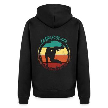 Verrückter Parkour Freestyle Running Jumper City T - Unisex Premium Bio Zip Hoodie - Schwarz - Hinten - Nico (187cm)