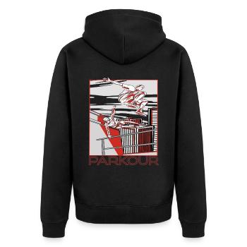 Parkour Warnung Über alles springen Laufen Springe - Unisex Premium Bio Zip Hoodie - Schwarz - Hinten - Nico (187cm)