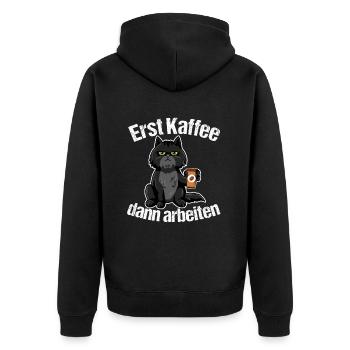 Erst Kaffee dann arbeiten - Unisex Premium Bio Zip Hoodie - Schwarz - Hinten - Nico (187cm)