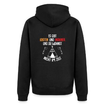 Es gibt Idioten und Indianer - Unisex Premium Bio Zip Hoodie - Schwarz - Hinten - Nico (187cm)