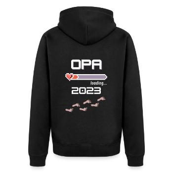 Opa 2023 loading... - Unisex Premium Bio Zip Hoodie - Schwarz - Hinten - Nico (187cm)