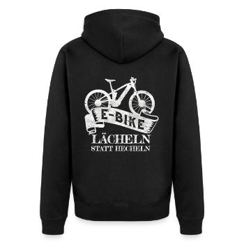 E-Bike Lächeln Statt Hächeln Elektro Fahrrad - Unisex Premium Bio Zip Hoodie - Schwarz - Hinten - Nico (187cm)