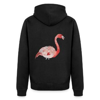 rosa Flamingo von der Seite - Unisex Premium Bio Zip Hoodie - Schwarz - Hinten - Nico (187cm)