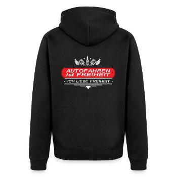 Auto Spruch Autofahren ist Freiheit - Unisex Premium Bio Zip Hoodie - Schwarz - Hinten - Nico (187cm)
