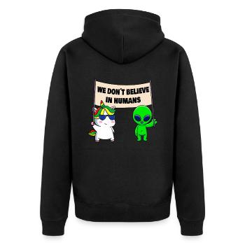 Wir glauben nicht an Menschen - Unisex Premium Bio Zip Hoodie - Schwarz - Hinten - Nico (187cm)