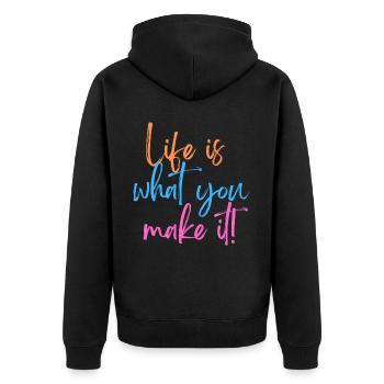 KDFA I Life is what you make it! - Unisex Premium Bio Zip Hoodie - Schwarz - Hinten - Nico (187cm)