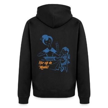 Hör off de Muddi (Mundart-Retro-Edition) - Unisex Premium Bio Zip Hoodie - Schwarz - Hinten - Nico (187cm)