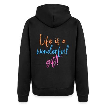 KDFA I Life is a wonderful gift! - Unisex Premium Bio Zip Hoodie - Schwarz - Hinten - Nico (187cm)