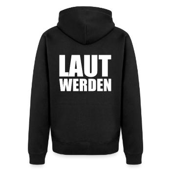 Laut werden - Unisex Premium Bio Zip Hoodie - Schwarz - Hinten - Nico (187cm)