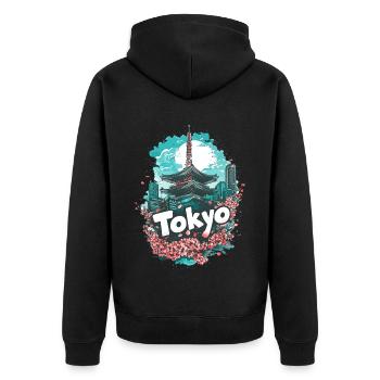 Tokio Japan Pagode Stadt Skyline Sonne Blumen - Unisex Premium Bio Zip Hoodie - Schwarz - Hinten - Nico (187cm)