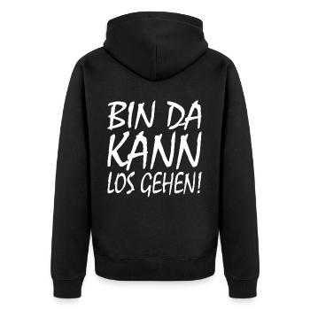 BIN DA KANN LOSGEHEN - Unisex Premium Bio Zip Hoodie - Schwarz - Hinten - Nico (187cm)