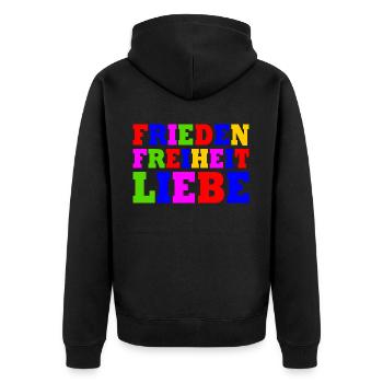 Frieden freiheit liebe - Unisex Premium Bio Zip Hoodie - Schwarz - Hinten - Nico (187cm)