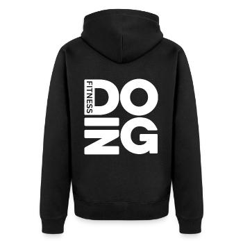 DOING Fitness - Unisex Premium Organic Zip Hoodie - black - Back - Nico (187cm)