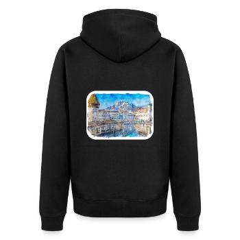 Luzern Schweiz Aquarellskizze gezeichnet Illust - Unisex Premium Bio Zip Hoodie - Schwarz - Hinten - Nico (187cm)