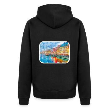 Copenhague Danemark Aquarelle Sketch Illustration - Veste à capuche bio Premium Unisexe - noir - Dos - Nico (187cm)