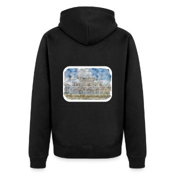 Roumanie Landmark Aquarelle Esquisse Dessin de peinture - Veste à capuche bio Premium Unisexe - noir - Dos - Nico (187cm)