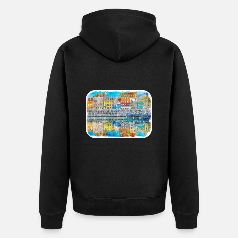 Copenhague Danemark Aquarelle Sketch Illustration - Veste à capuche bio Premium Unisexe - noir