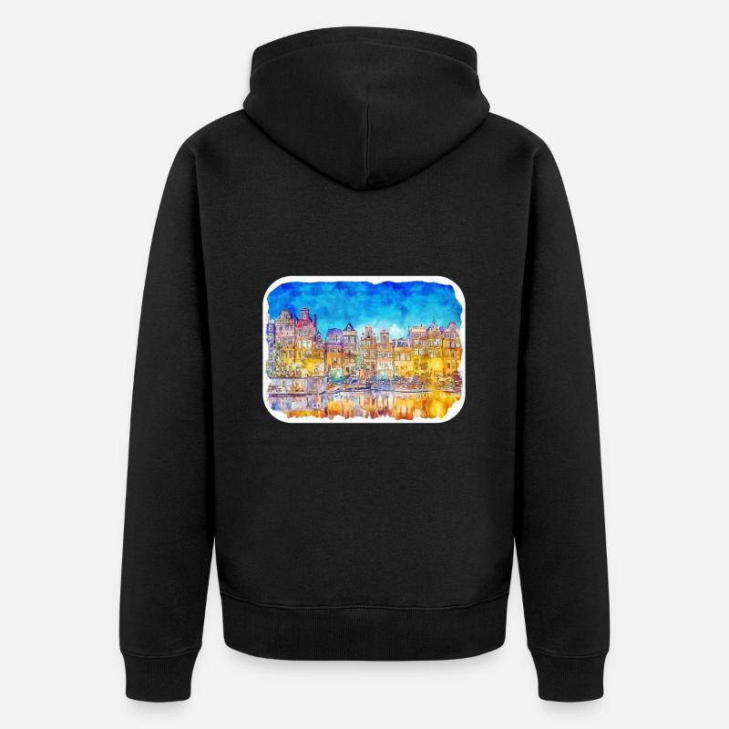 Amsterdam Pays-Bas Aquarelle Esquisse Illustrati - Veste à capuche bio Premium Unisexe - noir