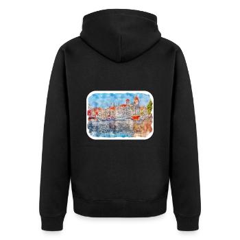 Danzig Polen Aquarellskizze Gezeichnete Illustration - Unisex Premium Bio Zip Hoodie - Schwarz - Hinten - Nico (187cm)