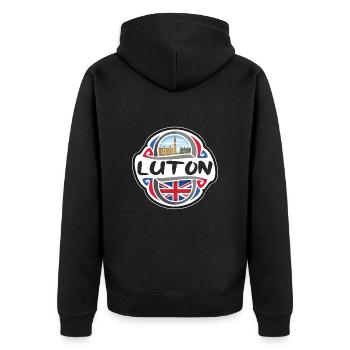 Luton UK United Kingdom Flag Travel Souvenir Badge - Unisex Premium Organic Zip Hoodie - black - Back - Nico (187cm)