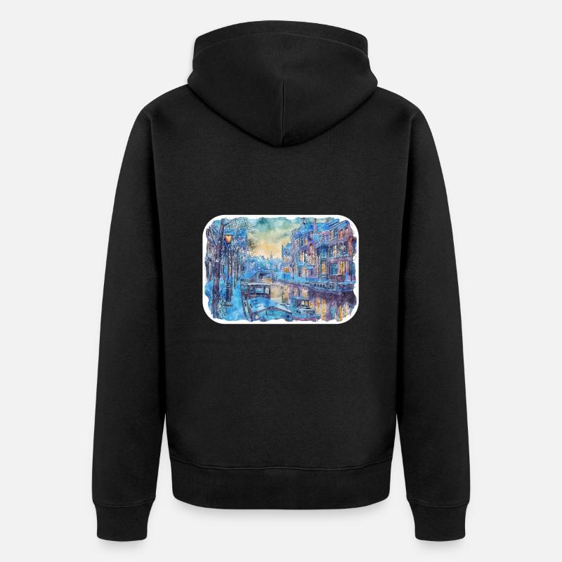 Amsterdam Pays-Bas Aquarelle Dessin d’esquisse - Veste à capuche bio Premium Unisexe - noir