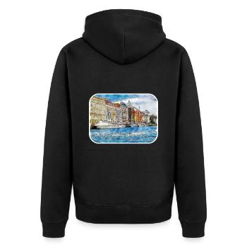 Copenhague Danemark Aquarelle Sketch Illustration - Veste à capuche bio Premium Unisexe - noir - Dos - Nico (187cm)