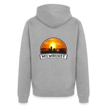 Milwaukee Wisconsin États-Unis Skyline Vintage Sunset Tra - Veste à capuche bio Premium Unisexe - gris chiné - Dos - Nico (187cm)