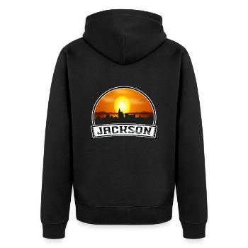 Jackson Mississippi Usa Skyline Vintage Sunset Tra - Unisex Premium Bio Zip Hoodie - Schwarz - Hinten - Nico (187cm)