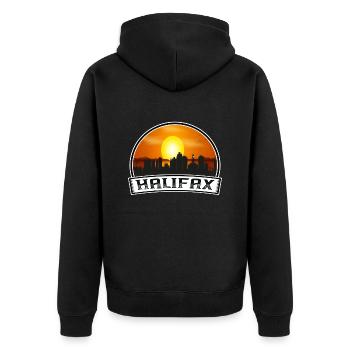 Halifax Kanada Skyline Vintage Sonnenuntergang Reise Souve - Unisex Premium Bio Zip Hoodie - Schwarz - Hinten - Nico (187cm)