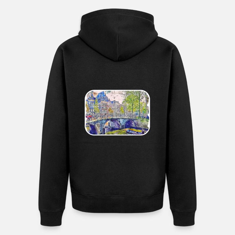 Amsterdam Pays-Bas Aquarelle Dessin - Veste à capuche bio Premium Unisexe - noir